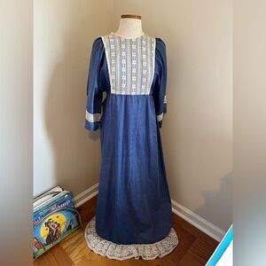 Gunne Sax Style Blue Chambray and Cream Lace Maxi Dress